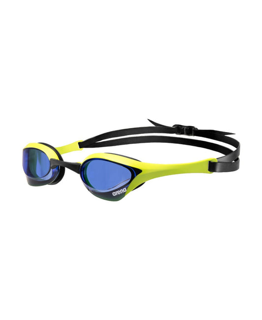 Arena Cobra Ultra Swipe racing goggles in royal blue and cyber lime with adjustable straps and sleek design for competitive swimming.
