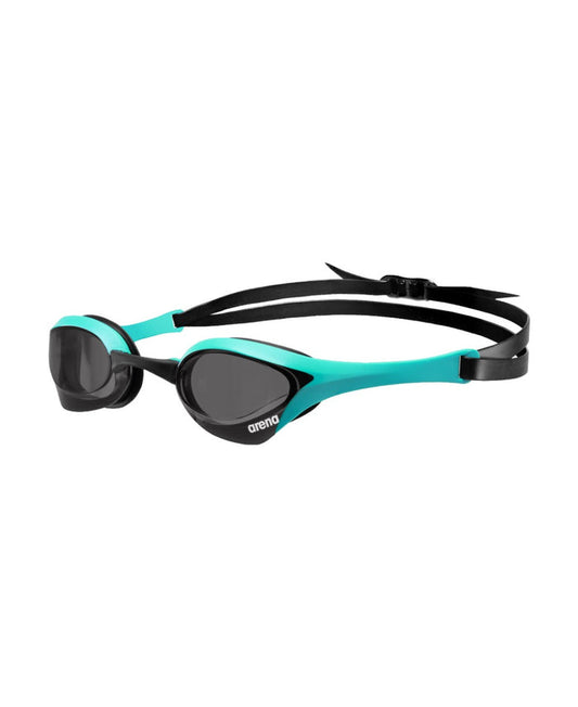 Arena Cobra Ultra Swipe racing goggles in smoke and peacock colors, featuring sleek swim goggle design with adjustable straps.