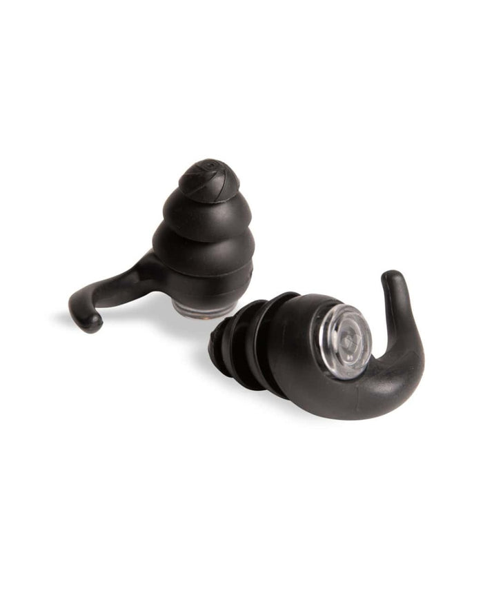 Black Arena earplugs, soft silicone ear protection for swimming or noise reduction, shown in a close-up image.