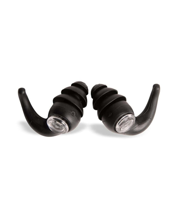 Black Arena earplugs, soft silicone ear plugs for noise reduction, shown in a close-up view.