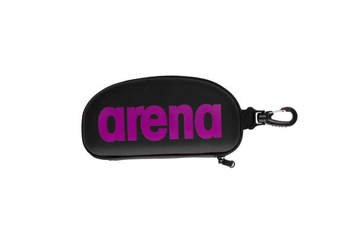 Arena goggle case in black, purple, and black color, designed for storing and protecting swimming goggles.