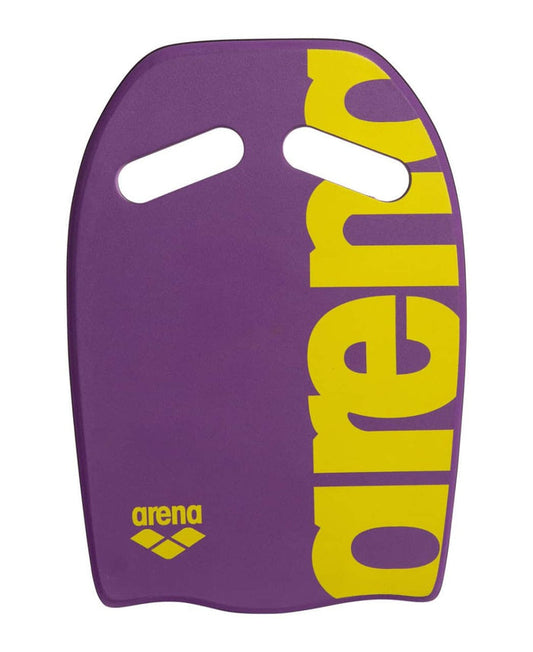 Arena kickboard in plum and lime colors, made of durable foam, designed for swimming training and water workouts.