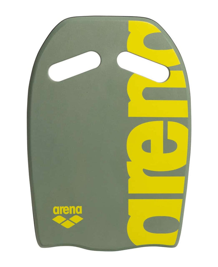 Arena kickboard in sage and lime colors, designed for swimming training, with a sturdy foam construction and ergonomic shape.