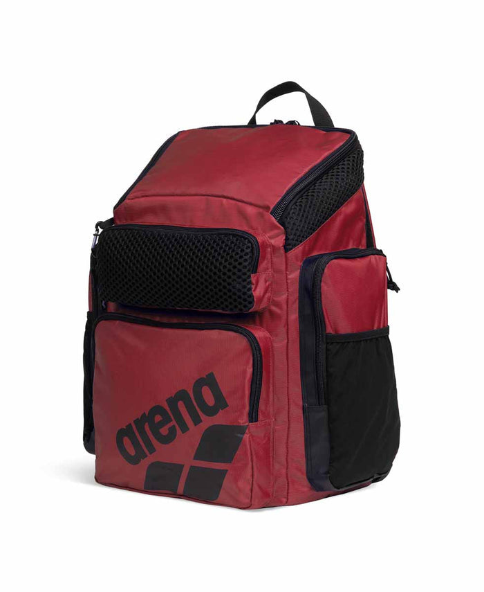 Arena One Go Backpack 45L in crimson color, featuring multiple compartments and padded straps for comfortable carrying.