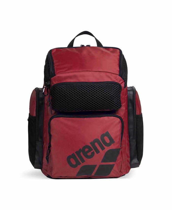 Arena One Go Backpack 45L in crimson, a durable sports backpack with multiple compartments and adjustable straps.