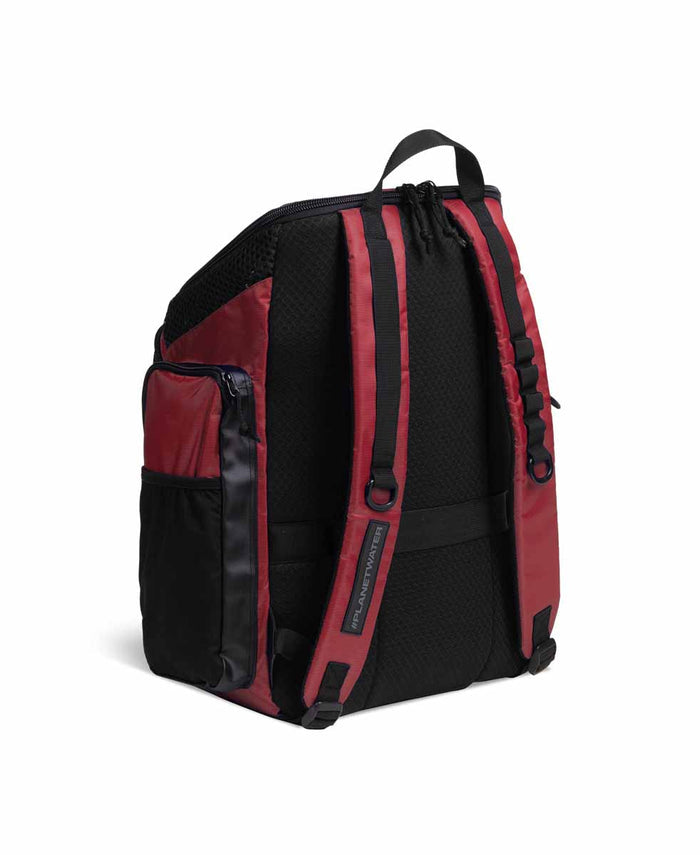 Arena One Go Backpack 45L in crimson, showing its spacious design and adjustable straps for outdoor or travel use.