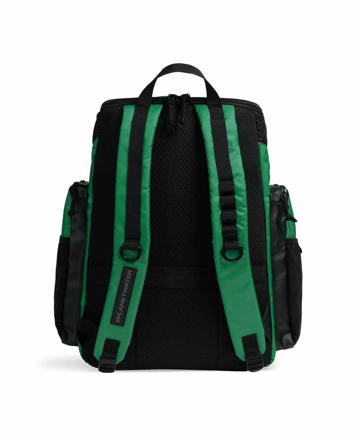 Green Arena One Go Backpack 45L with multiple compartments and adjustable straps, designed for versatile carrying.
