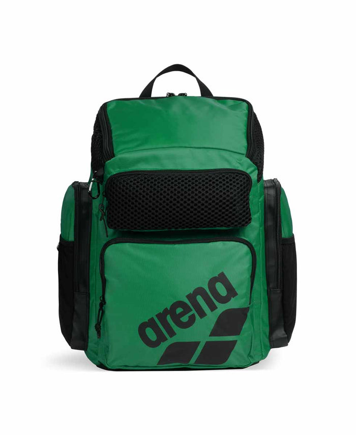 Green Arena One Go Backpack 45L, a durable sports backpack with multiple compartments and adjustable straps.