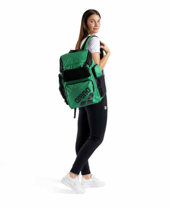 Green Arena One Go Backpack 45L with multiple compartments and adjustable straps, designed for travel and outdoor use.