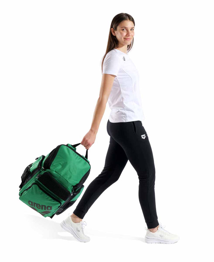 Green Arena One Go Backpack 45L with multiple compartments and adjustable straps, designed for sports and outdoor activities.