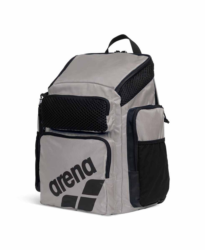 Arena One Go Backpack 45L in ice color, black and blue, with adjustable straps and multiple compartments for sports and travel.