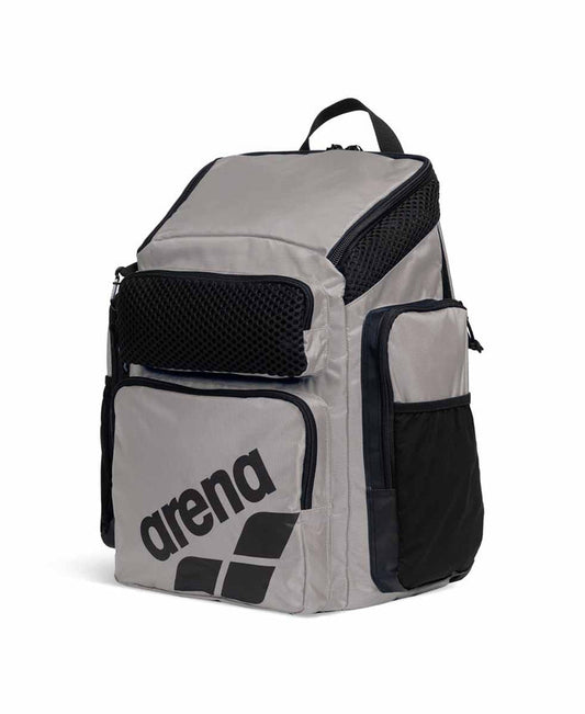 Arena One Go Backpack 45L in ice color, black and blue, with adjustable straps and multiple compartments for sports and travel.