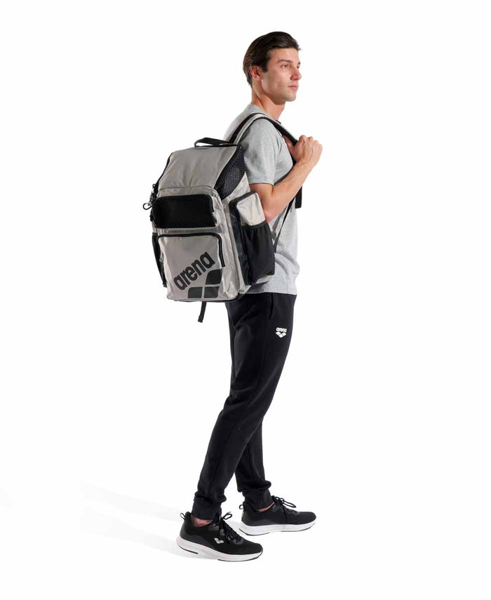 Arena One Go Backpack 45L in ice color, durable sports backpack with multiple compartments, ideal for swimming or gym use.