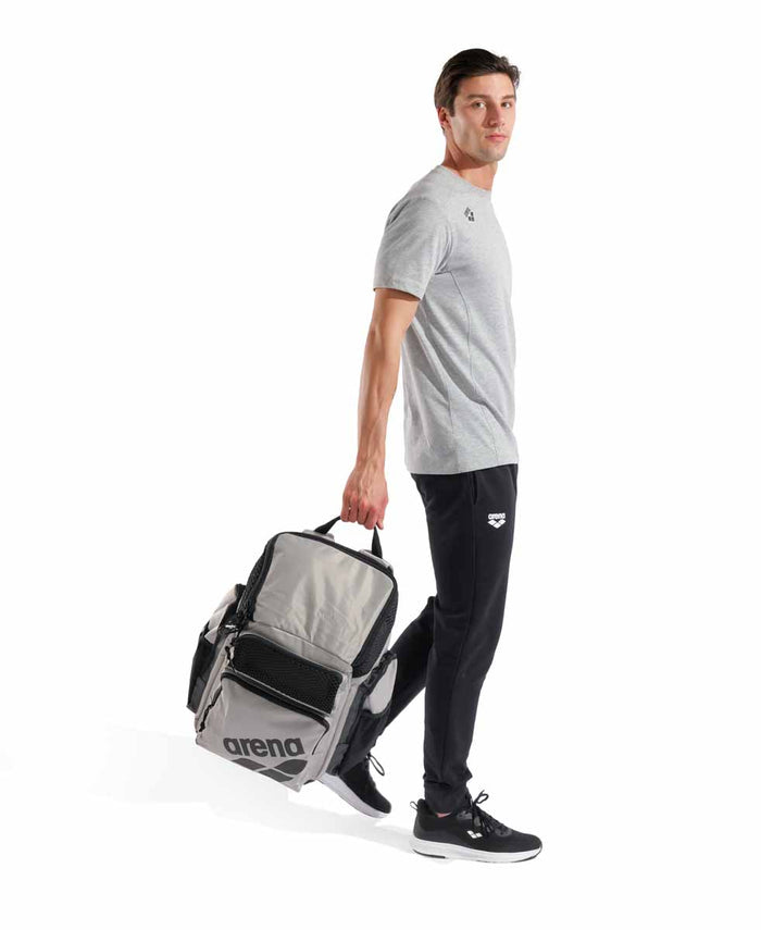Arena One Go Backpack 45L in ice color, featuring multiple compartments and durable straps for sports and travel use.