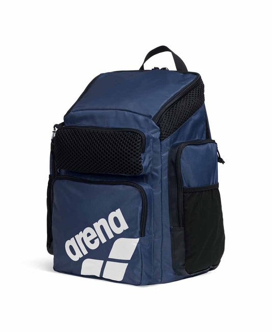 Arena One Go Backpack 45L in navy, with adjustable straps and multiple compartments, designed for sports and travel use.