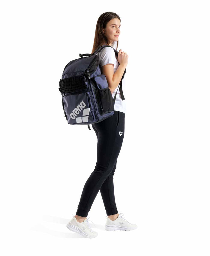 Navy Arena One Go Backpack 45L with multiple compartments and adjustable straps, designed for sports and travel.