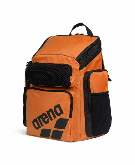 Orange Arena One Go Backpack 45L with multiple compartments and adjustable straps, designed for sports and travel use.