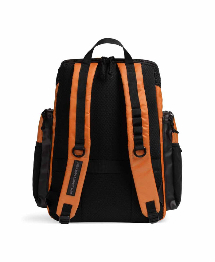Orange Arena One Go backpack 45L with multiple compartments and adjustable straps, ideal for travel and outdoor activities.