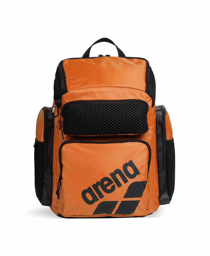 Orange Arena One Go Backpack 45L with multiple compartments and adjustable straps, designed for travel and outdoor use.