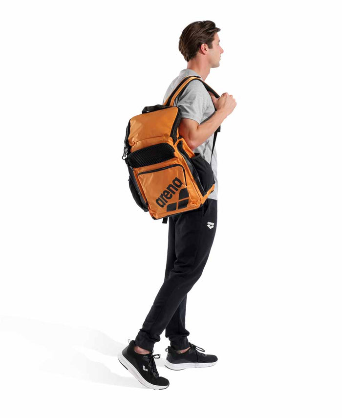 Orange Arena One Go Backpack 45L with multiple compartments and sturdy straps, designed for sports and outdoor use.