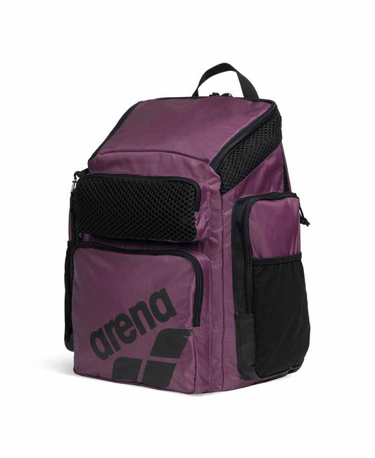 Arena One Go Backpack 45L in plum color, featuring multiple compartments and durable straps for swimming and sports gear.