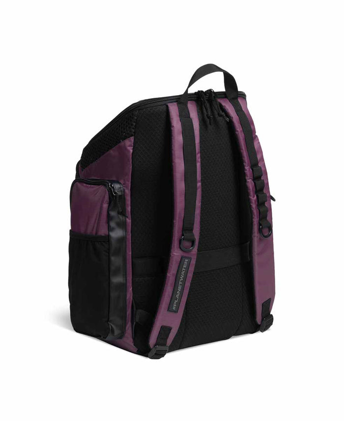 Arena One Go Backpack 45L in plum color with multiple compartments and adjustable straps, designed for sports and travel.