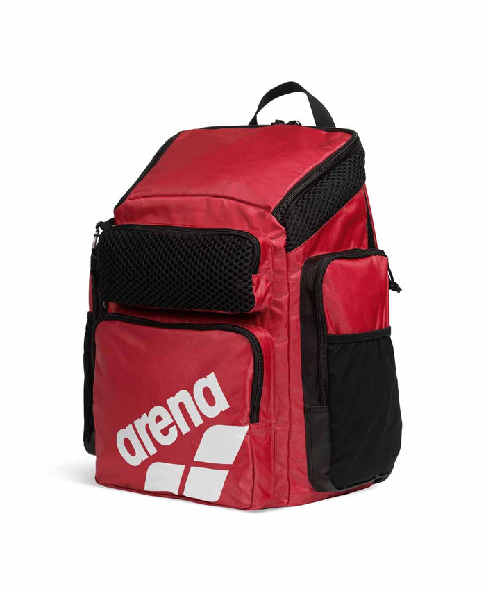Red Arena One Go Backpack 45L with multiple compartments and adjustable straps, designed for sports and outdoor activities.