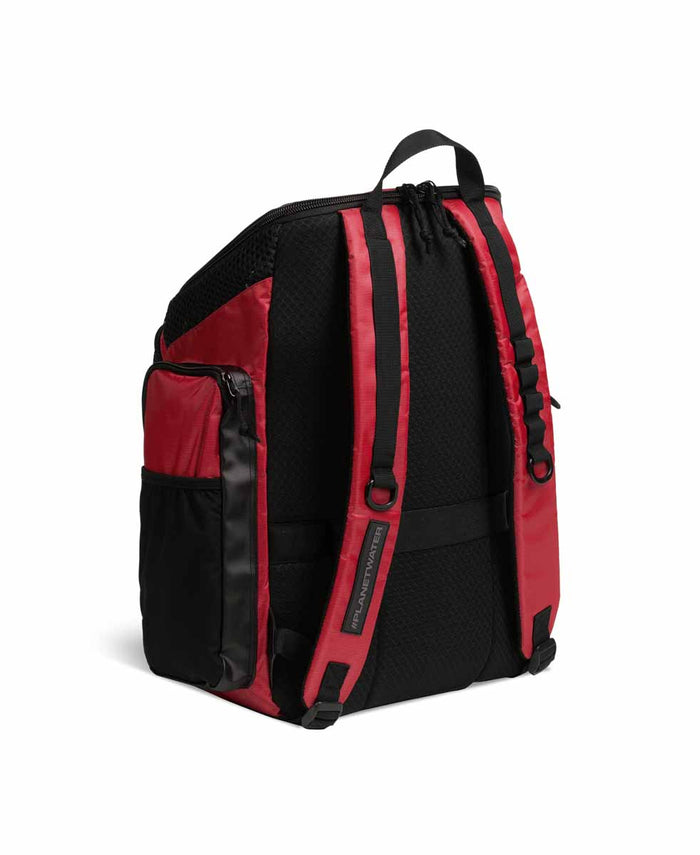 Red Arena One Go Backpack 45L backpack with multiple compartments and adjustable straps, designed for outdoor and travel use.