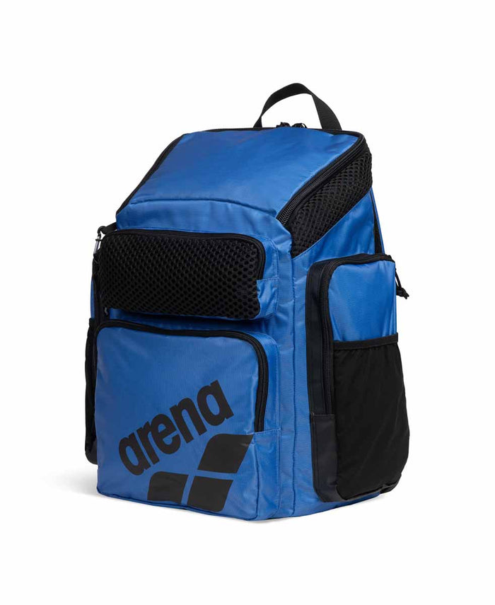 Arena One Go Backpack 45L in royal blue, showcasing adjustable straps, multiple compartments, and durable design for sports and travel.