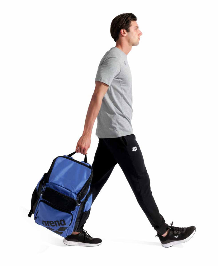 Arena One Go Backpack 45L in royal blue, featuring multiple compartments and adjustable straps for outdoor and travel use.