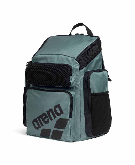 Arena One Go Backpack 45L in Sage, a durable travel backpack with multiple compartments and padded straps for comfort.