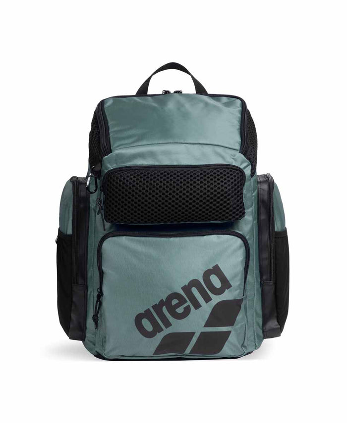 Arena One Go Backpack 45L in Sage, a durable travel bag with multiple compartments and padded straps for comfortable carrying.
