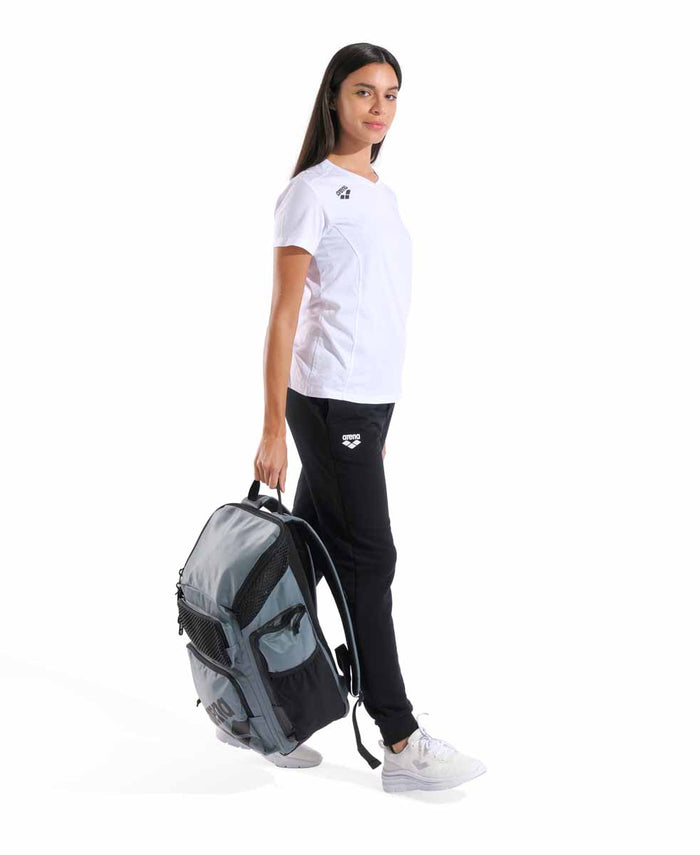 Arena One Go Backpack 45L in sage green, featuring multiple compartments and adjustable straps for comfortable carrying.