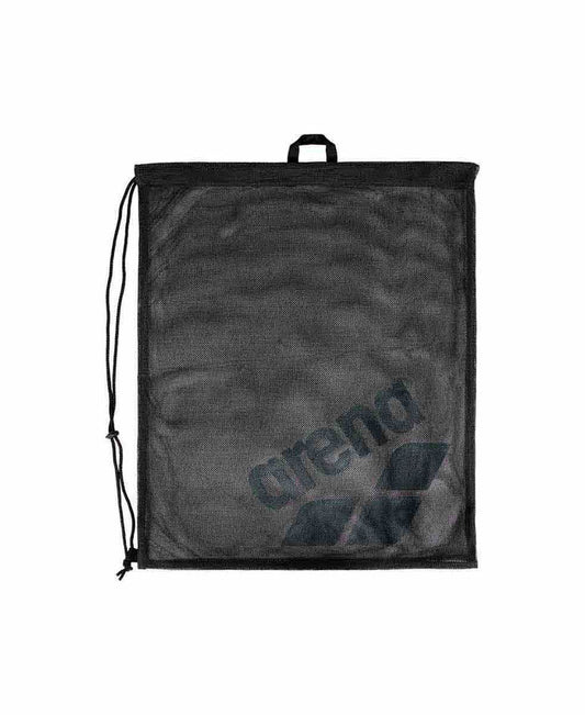 Black Arena One Go Mesh Bag, durable sports mesh bag with adjustable straps for swimming gear storage.