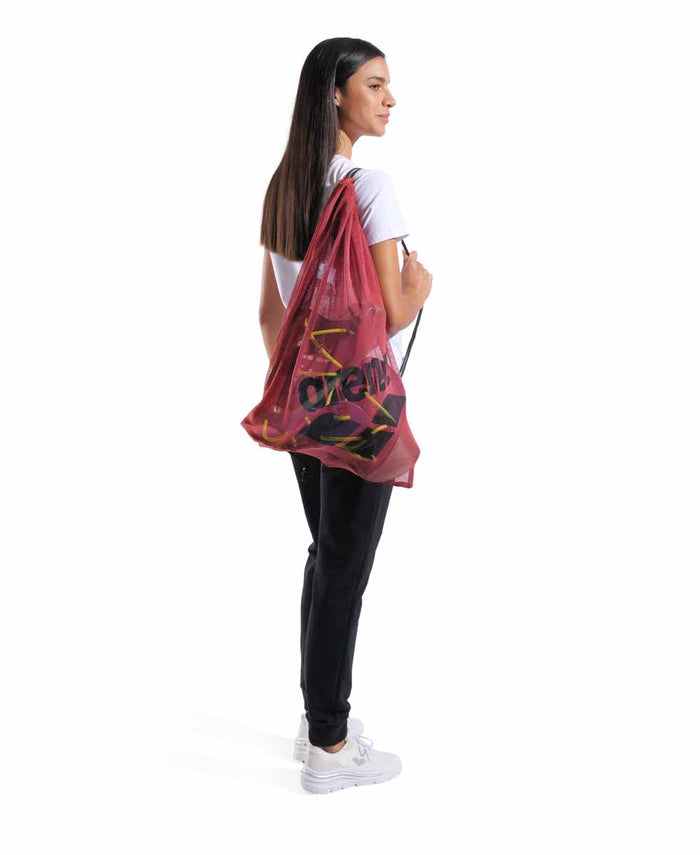 Crimson Arena One Go Mesh Bag with black drawstring closure, lightweight and breathable for sports gear storage.