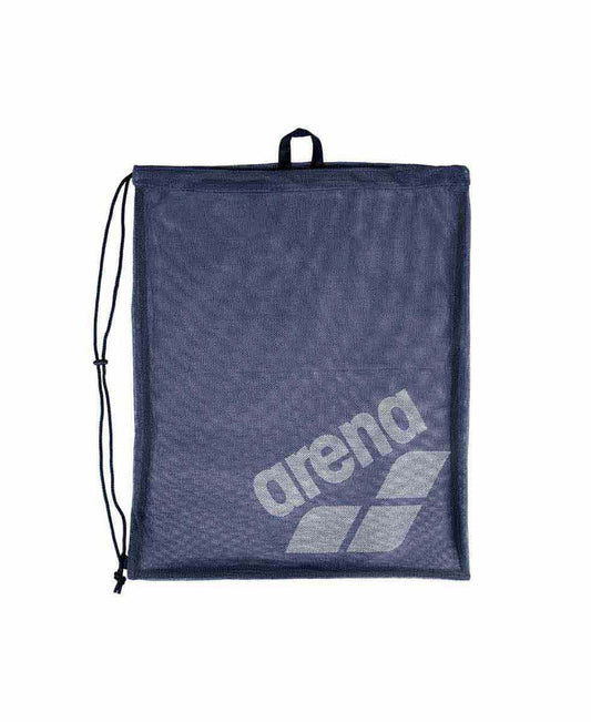 Arena One Go Mesh Bag in navy, durable mesh material with adjustable shoulder straps and multiple compartments for sports gear.
