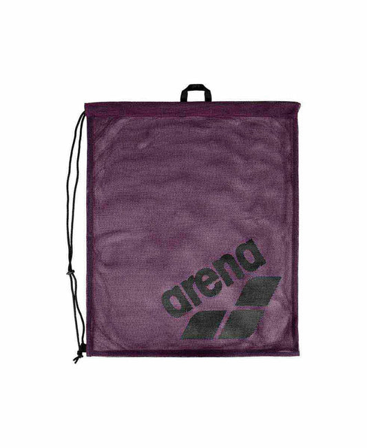 Arena One Go Mesh Bag in plum, a lightweight mesh bag for swimming gear storage, featuring durable material and adjustable straps.