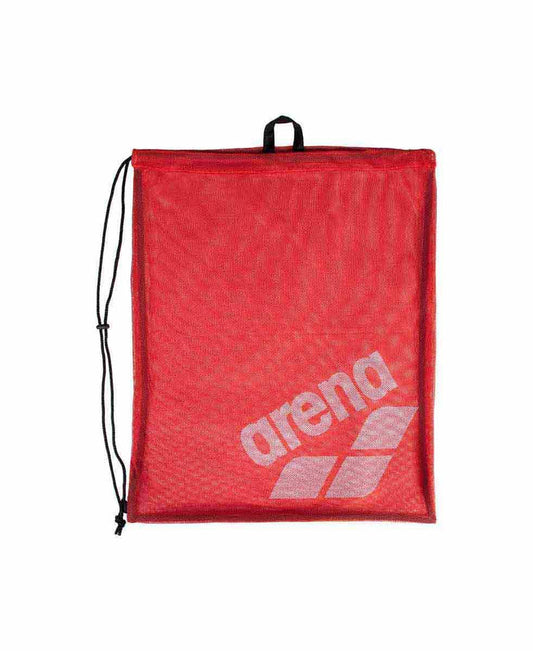 Red Arena One Go mesh bag with sturdy handles, designed for sports gear storage and easy carrying.