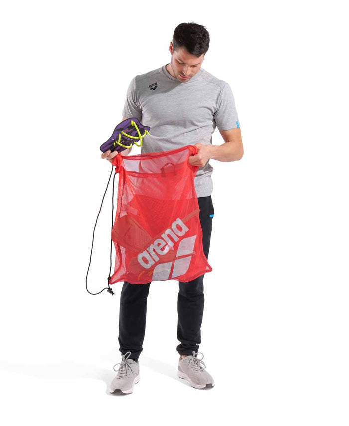Red Arena One Go Mesh Bag with black drawstring closure, designed for sports gear storage and easy carrying.