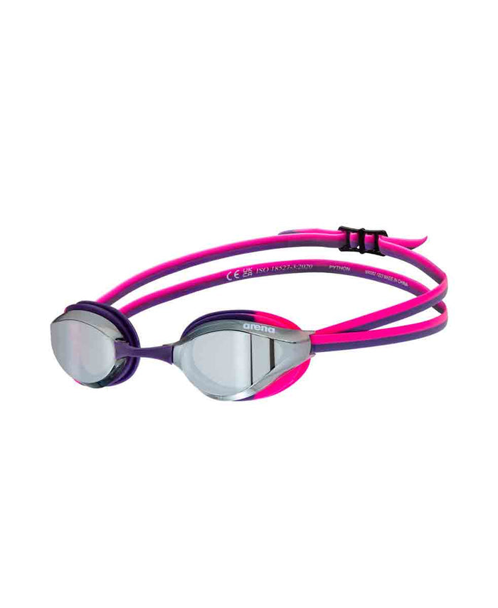 Arena Python Junior mirror racing goggles in silver, shocking pink, and plum, designed for young swimmers.
