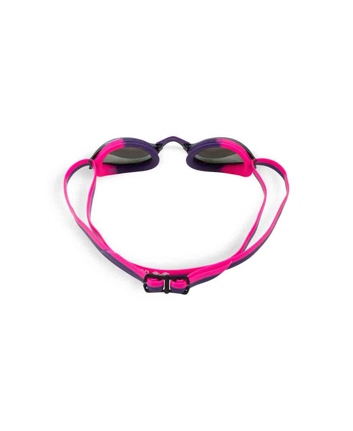 Arena Python Junior mirror racing goggles in silver, shocking pink, and plum with reflective lenses for young swimmers.