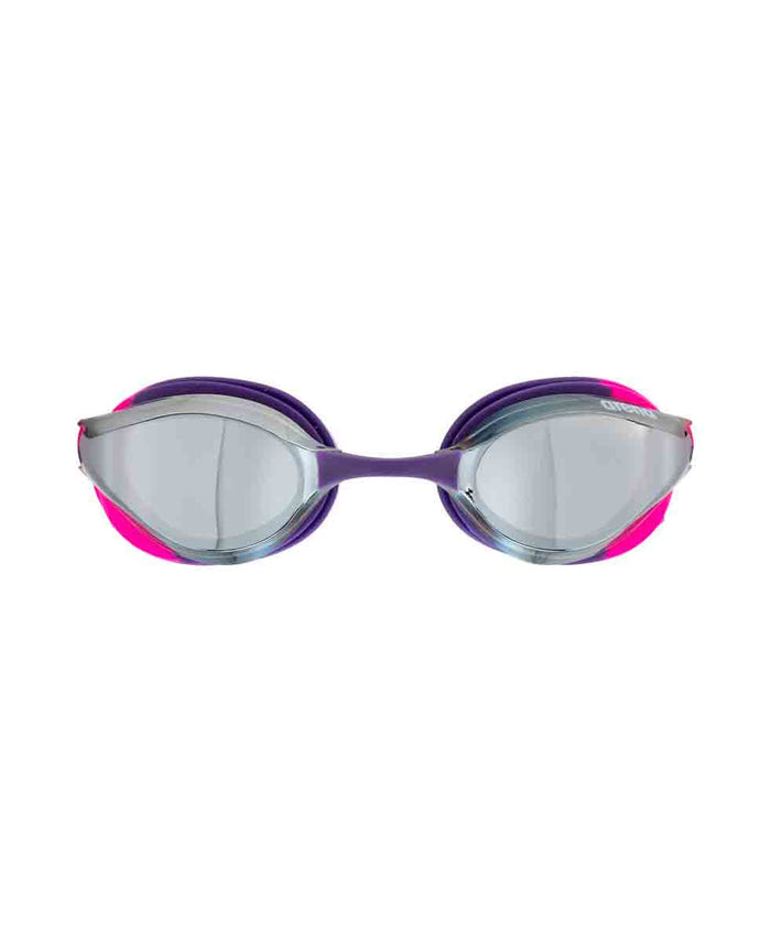 Arena Python Junior mirror racing goggles with silver, shocking pink, and plum accents, designed for young swimmers.