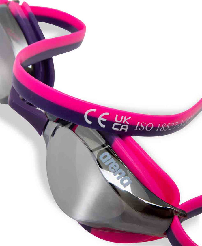 Arena Python Junior mirror racing goggles in silver, shocking pink, and plum with reflective lenses for young swimmers.
