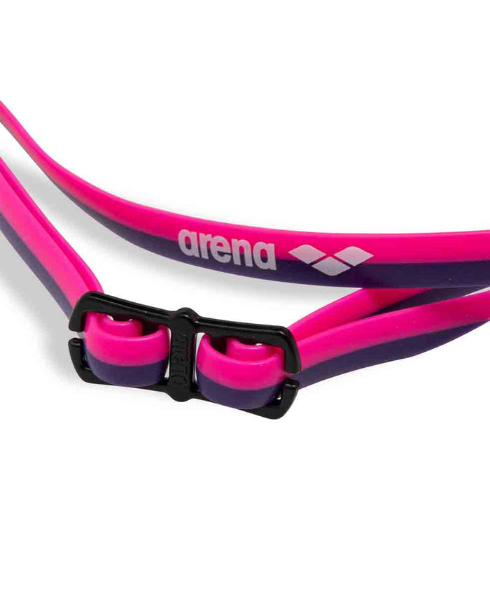 Arena Python Junior mirror racing goggles in silver, shocking pink, and plum with reflective lenses and adjustable strap.