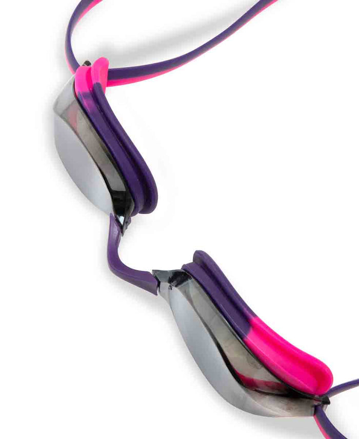Arena Python Junior mirror racing goggles in silver, shocking pink, and plum with reflective lenses for young swimmers.