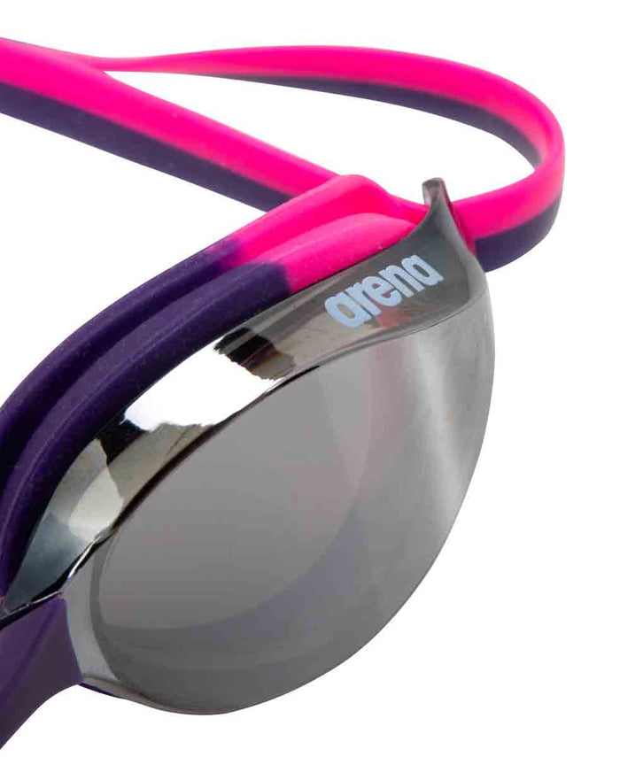Arena Python Junior mirror racing goggles in silver, shocking pink, and plum with reflective lenses for young swimmers.
