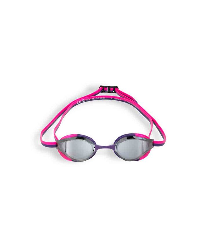 Arena Python Junior mirror racing goggles in silver, shocking pink, and plum with reflective lenses for young swimmers.