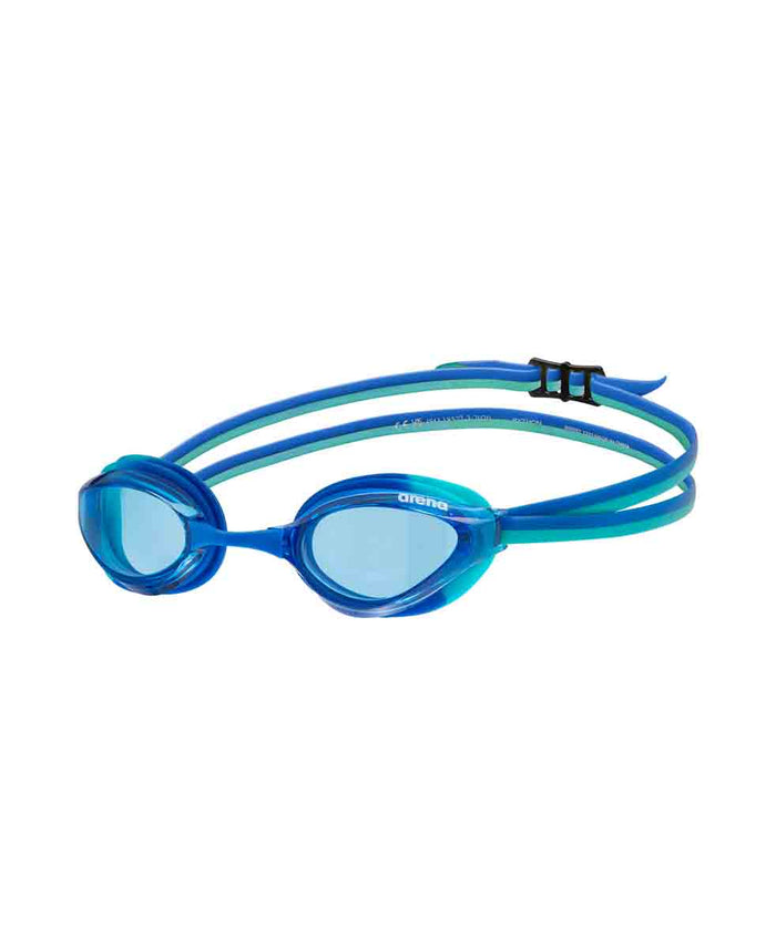 Arena Python Junior Racing Goggles in blue and peacock with adjustable straps and clear lenses for young swimmers.