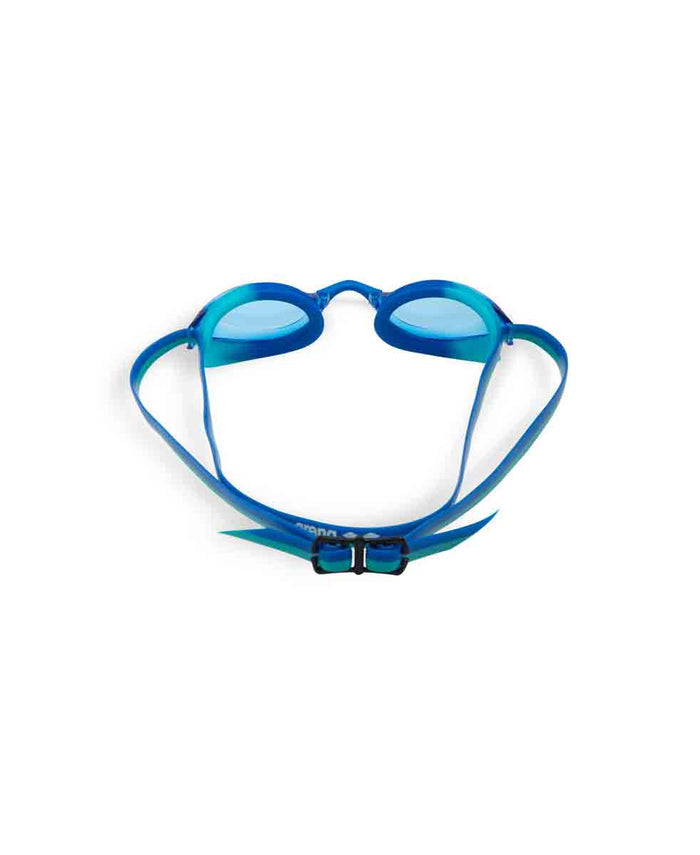 Blue and peacock Arena Python Junior Racing Goggles with adjustable strap and clear lenses for young swimmers.