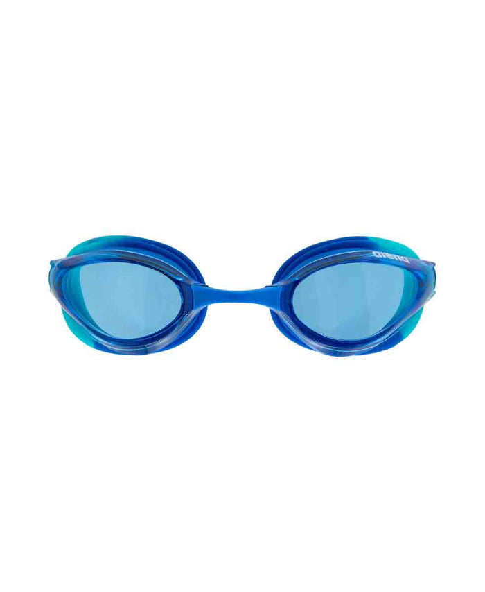 Arena Python Junior Racing Goggles in blue and peacock, with adjustable strap and clear lenses for young swimmers.